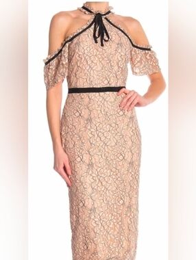Just Me Elegant Lace Midi Dress in Cream and Black Trim Piping M